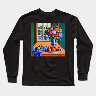 Still Life Painting with Colorful Flowers in a Blue Vase Long Sleeve T-Shirt